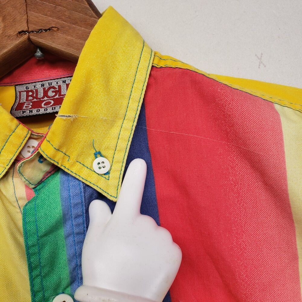 Vintage 90s Bugle Boy Button Up Short Sleeve Shirt Multi Color Striped L XL 7x - Picture 7 of 9